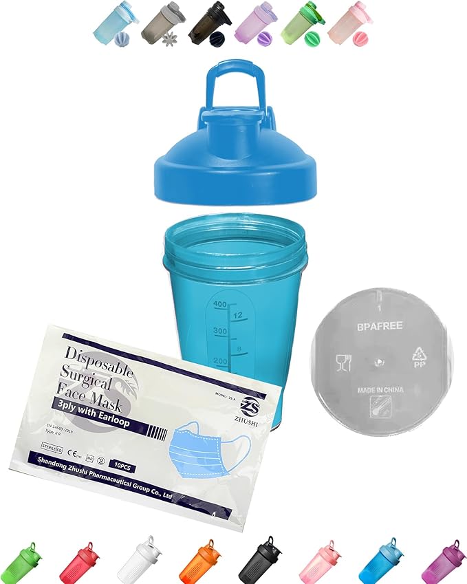 Shaker Bottle A Pure Pacific Blue 12Oz 400ml Made of PP5 | Small, Measurement Marks, Stainless Whisk Blender Mixer Ball, BPA Free, -4~248 °F, Perfect for Nutrition, Protein, Keto, Juice Powder Shaking