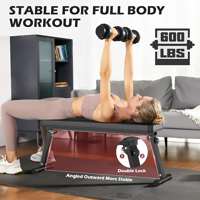 FLYBIRD Flat Bench, Foldable Flat Weight Bench Easy Assembly for Strength Training Bench Press, 600/1000 LBS 2 Versions