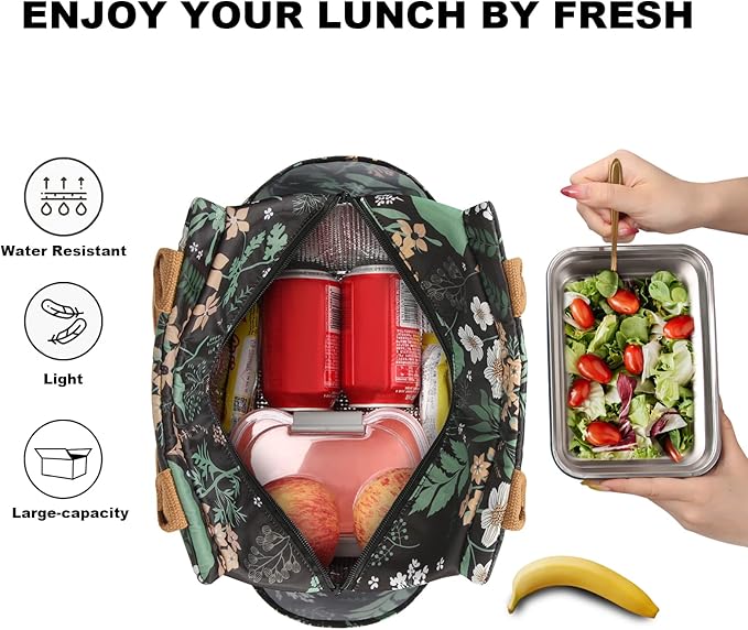 Joymee Lunch Bag - Green Leaf, Women's Insulated Reusable Durable Leakproof Large Spacious Cooler Tote for Office, Picnic, Camping