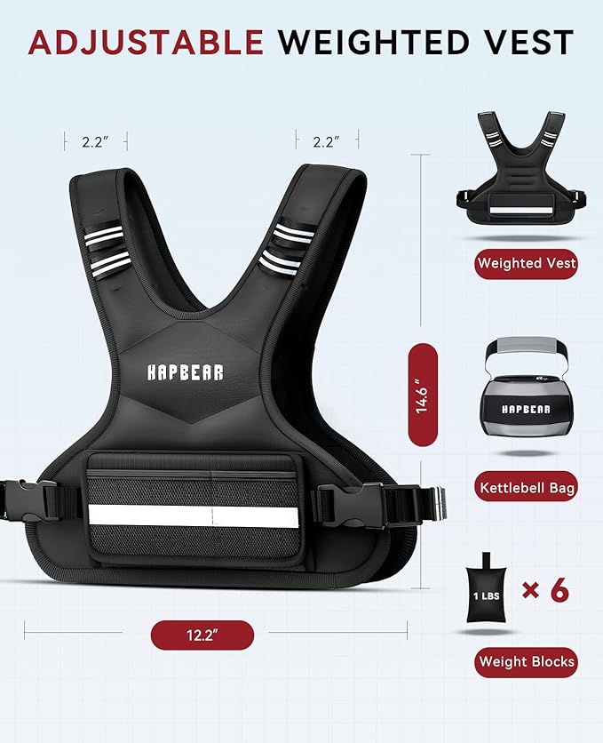 HAPBEAR Adjustable Weighted Vest for Men and Women, 4-10 lbs with 6 Ironsand Weights and Large Pocket Includes kettlebell pouch for Workout, Strength Training, Running, Walking, Weight Loss
