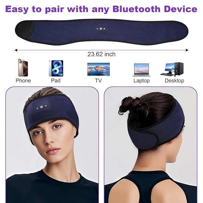 Sleeping Headphones Headband with Adjustable Hook and Loop, Bluetooth Headband Headphones for Sleeping Workout Running Yoga Gift - Unisex Purple