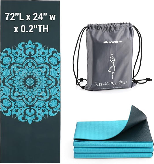 Avoalre Foldable Yoga Mat Travel - 72"L x 24"W x 5MM Thick Non Slip Gym Mats - Portable Pilates Mat for Women Men Fitness Exercise with Travel Carry Bag