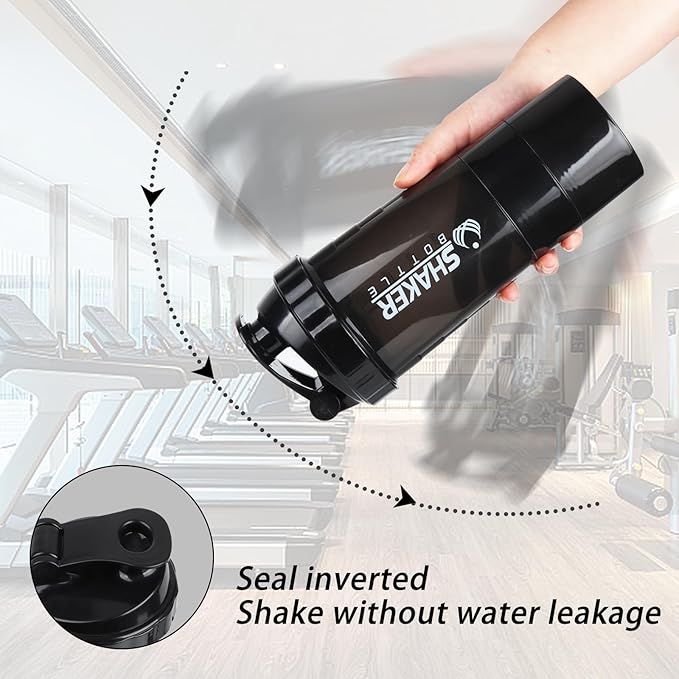 Shaker Bottle - Protein Shaker Cup with Storage Compartments - Leak-proof Workout Shake Bottles with Mixer for Smooth Mixing-500ML/16oz (PURE BLACK)