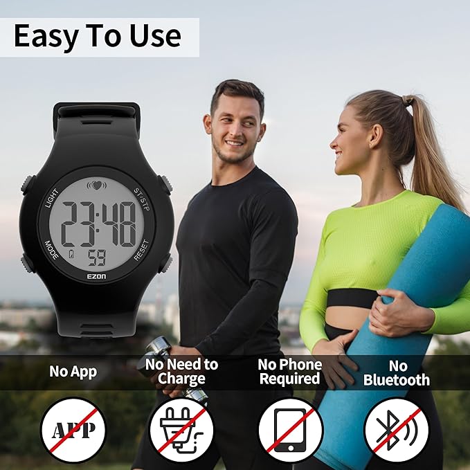EZON Heart Rate Monitor Chest Strap and Digital Watch,5ATM Waterproof Fitness Tracker with HRM,Calories Burned,Stopwatch and Hourly Chime - Ideal Fitness Presents for Men and Women