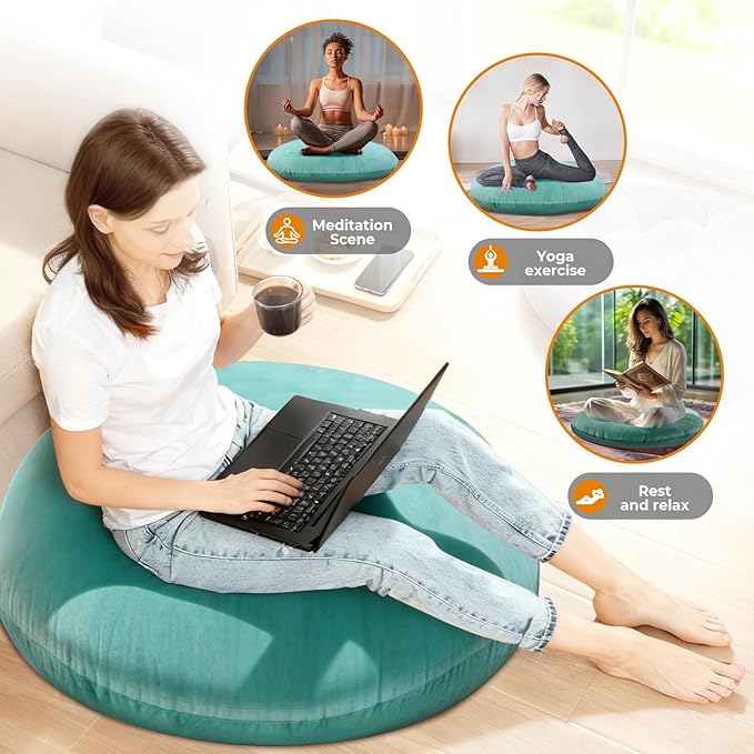 32" Round Floor Pillow with 13" Thick Padding, Velvet Meditation Cushion for Yoga & Lounge Seating, Large Ottoman Replacement Floor Mat for Adults, Decorative Accent Pillow (Lake Blue)