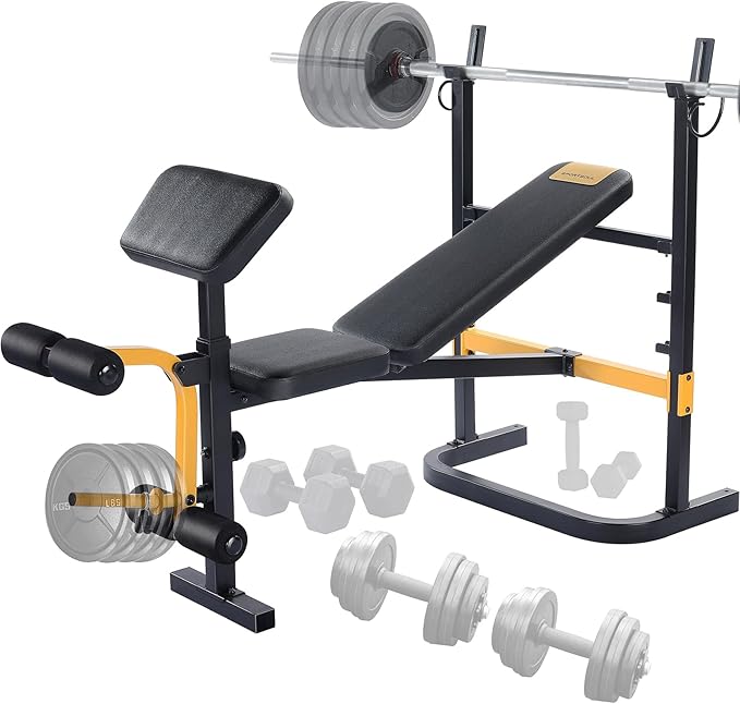 SPORTSOUL Adjustable Weight Bench Press Set with Squat Rack Dual Function Leg Exercises Preacher Curl Rack Pad Strength Training for Home Gym Full Body Workout Multi-functional, Balck and yellow