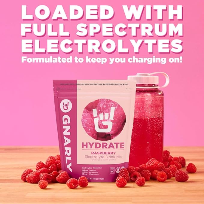 Gnarly Nutrition Hydrate Electrolyte Powder – Raspberry Exercise Hydration Drink Mix – NSF Contents Certified – Electrolyte Solution, Performance & Recovery – Raspberry, 14.10 oz