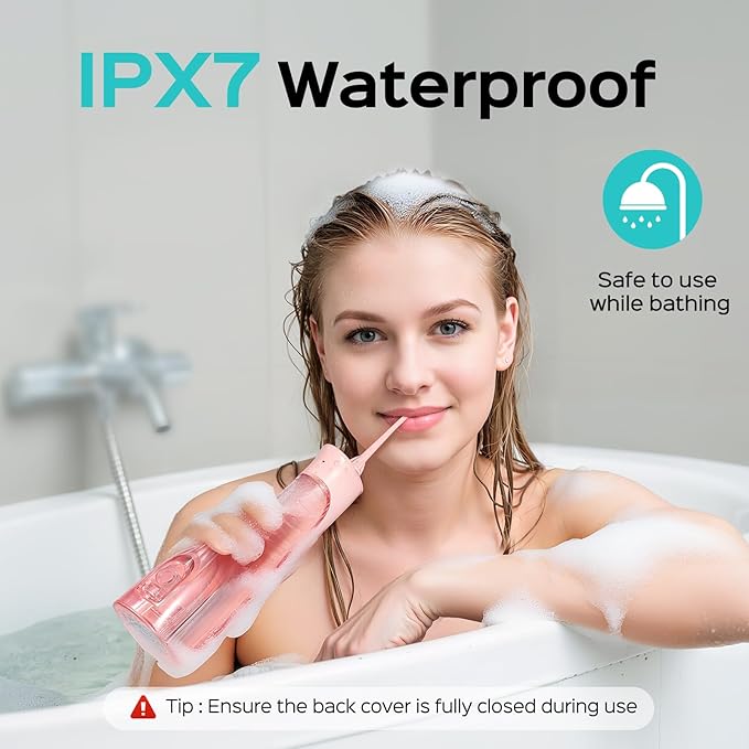 COSLUS Portable Water Flosser for Teeth: 4 Modes & 5 Intensity Levels Professional Electric Dental Pick for Sensitive Gums, Braces & Orthodontic - Cordless for Travel Use, for Adults, BPA-Free, Pink