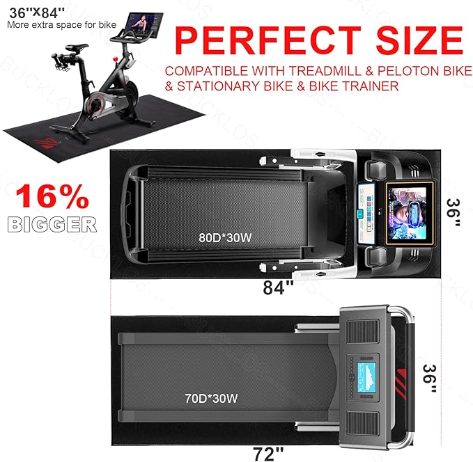 BUCKLOS Treadmill Mat Compatible with Stationary Bike & Recumbent Bike - Upgrade Thickness 6mm Non Slip, for Bike Trainer Protect Hardwood Floor Concrete Carpet Exercise Equipment