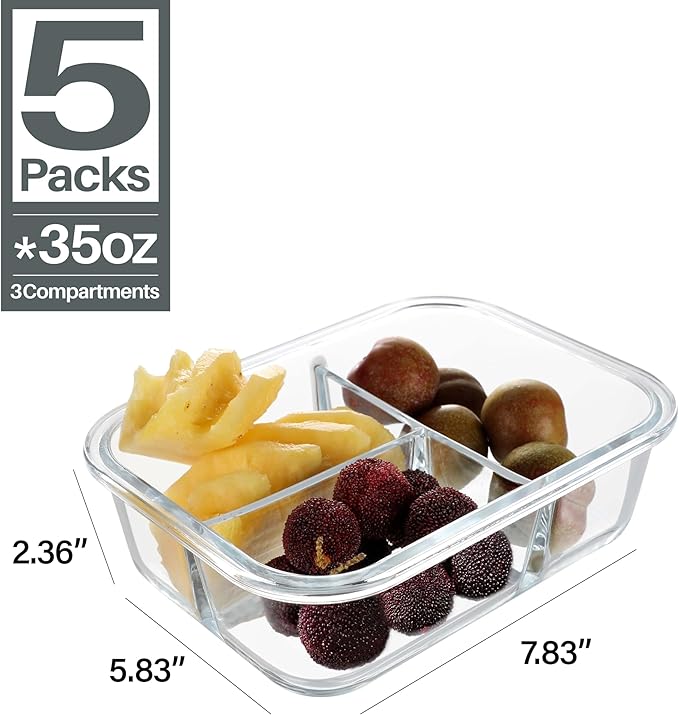 BAYZZ 5 Pack 35 Oz Glass Meal Prep Containers 3 Compartments, Glass Food Storage Containers, Lunch Bento Box with Airtight Lids, Microwave, Freezer & Dishwasher Safe