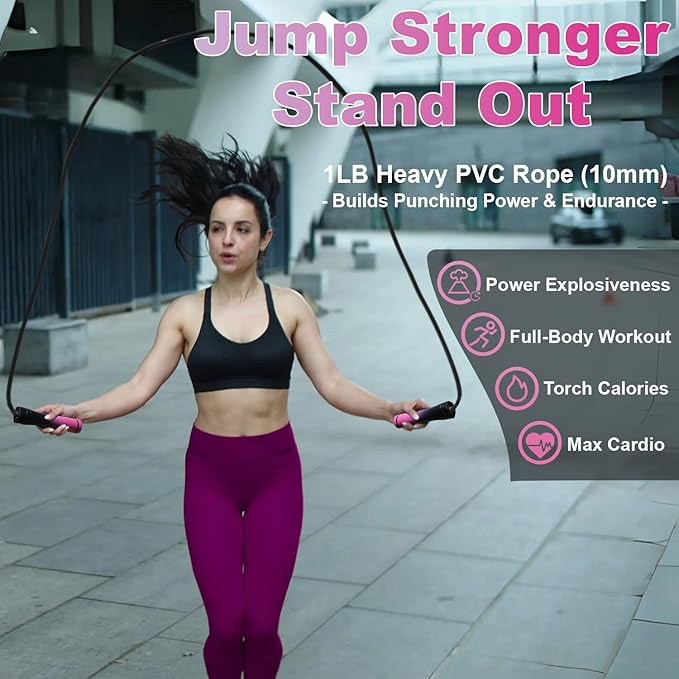 Weighted Jump Rope, 1LB Tangle-Free Ball Bearing Rapid Speed Skipping Rope for Men Women, Adjustable 9mm Cotton & PVC Rope with Alum Handle for Boxing MMA Weight-Loss Athletic Workout Fitness