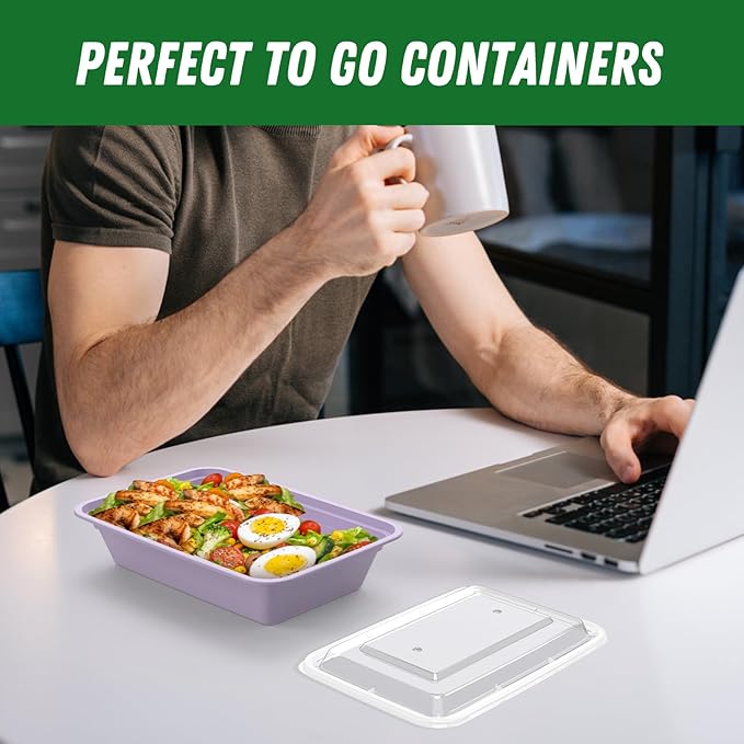 50 Pack (100-Piece) 32 oz Meal Prep Containers Reusable with Easy Open Lids, Sturdy Leakproof Food Safe, Microwave Freezer Dishwasher Safe, To Go Take Out Plastic Food Storage Pans with Lids, Lilac