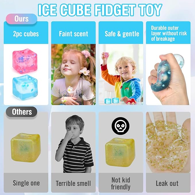 Fidget Toy for All Ages: 2 Pack Soft Sensory Fidget Ice Cube Stress Ball Squishy Cube Stress Relief Toys for Kids, Teens and Adults Party Favors, Birthday Gift for Kids Age 3+