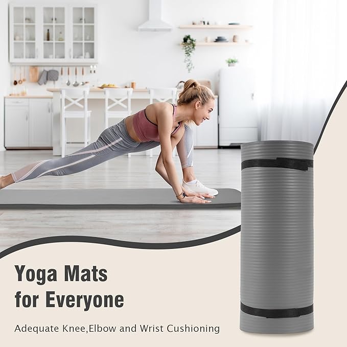BalanceFrom GoCloud 71" x 24" All-Purpose 1-Inch Extra Thick Double-Sided Non-Slip High Density Anti-Tear Exercise Yoga Mat with Carrying Strap, Gray