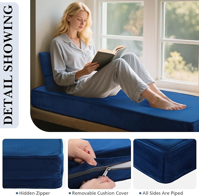 Wenqik Bench Cushions 42x16x4 Inch Window Seat Cushions for Indoor Furniture Velvet Kitchen Dining Bay Seat Tufted Porch Swing Thicken Bench Pad Memory Foam(Royal Blue)