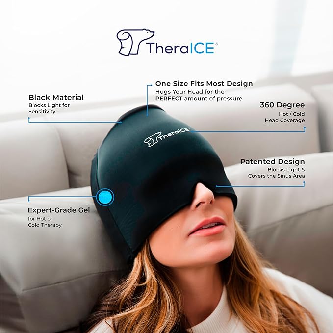 TheraICE Migraine Relief Cap, Soothing Headache Ice Pack Mask Products, Cooling Gel Hat, Face Cold Compress Head Wrap for Tension, Stress & Hangover