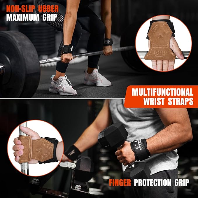 Lifting Wrist Straps for Weightlifting, Double Layer Leather for Weight Lifting Wrist Wraps, Deadlifts, Heavy Powerlifting and Adjustable Wrist Hooks for Strength Training, Gym Workouts Men/Women