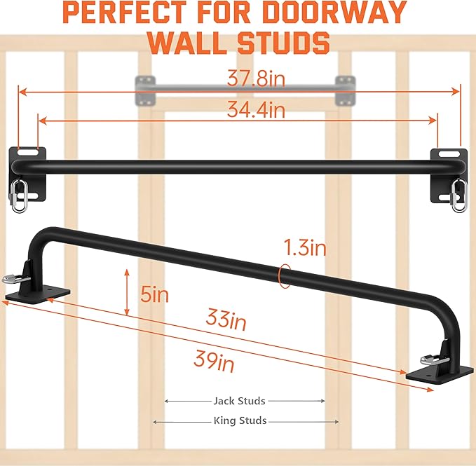 36" Heavy Duty Pull Up Bar Wall/Joist Mounted, 600 LB Capacity, Multi-Grip Bar for Garage & basement rafter Use - All-in-One Workout Station with Carabiners & Space-Saving Design