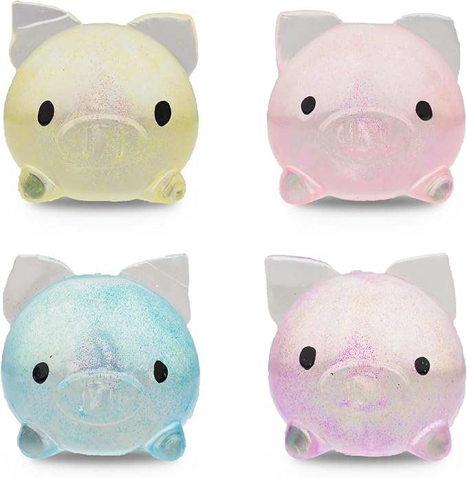Pig Squisheez Stretch Balls, Squishy Pig 4 Pack, Stress Relief Balls (Set of 4) - Anxiety Relief Squeezing Squishy Balls Funny Fidget Toy