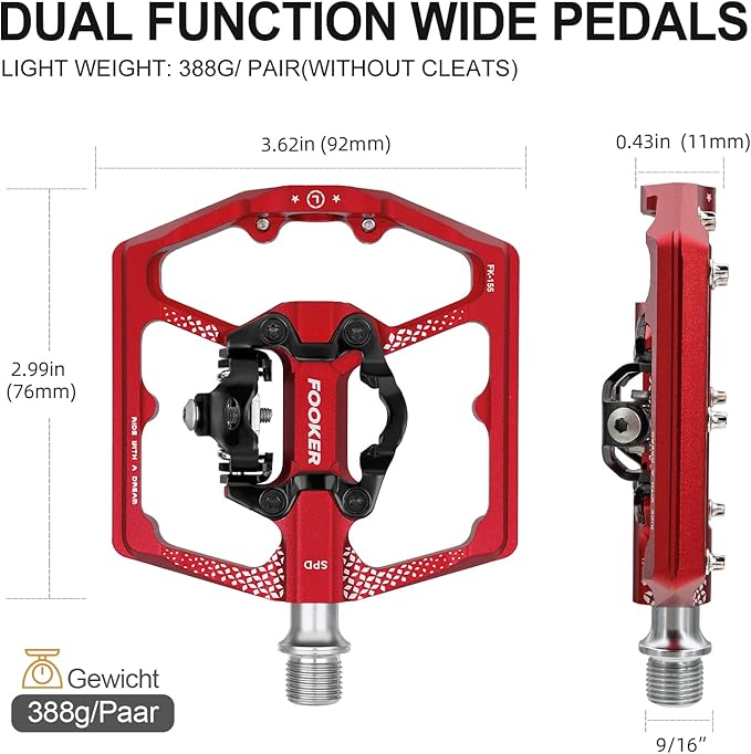 FOOKER MTB Mountain Bike Pedals, Dual Function Flat and Pedal,3 Sealed Bearing Flat Platform Compatible with Clipless Pedal Aluminum 9/16" Pedals with Cleats for Road Mountain BMX MTB