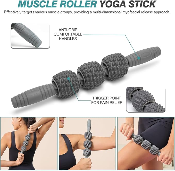 5 in 1 Foam Roller Set - Trigger Point Foam Back Roller, Muscle Roller Stick, Massage Ball, Stretching Band for Deep Muscle Massage Pilates Yoga,Fitness Exercise for Whole Body Release