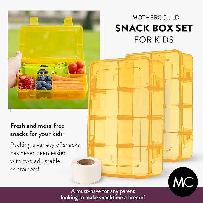 Snack Box Containers Set of 2-Reusable,100 Dissolvable Labels, 8 Adjustable Compartments, Dishwasher Safe, BPA-Free, Meal Prep Container, PARENT TESTED PARENT APPROVED AWARD (2 Pack) (Yellow)