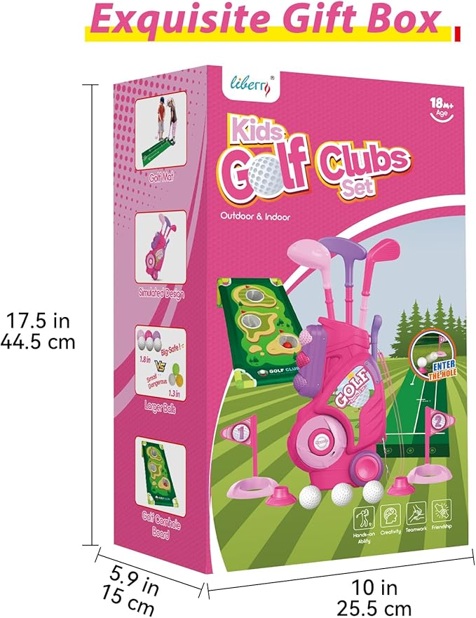 Liberry Toddler Golf Set for 2 3 4 Years Old Girls Boys, Upgraded Kids Golf Cart with Golf Cornhole Board & Putting Mat, Indoor and Outdoor Golf Toys Birthday Gift, Pink