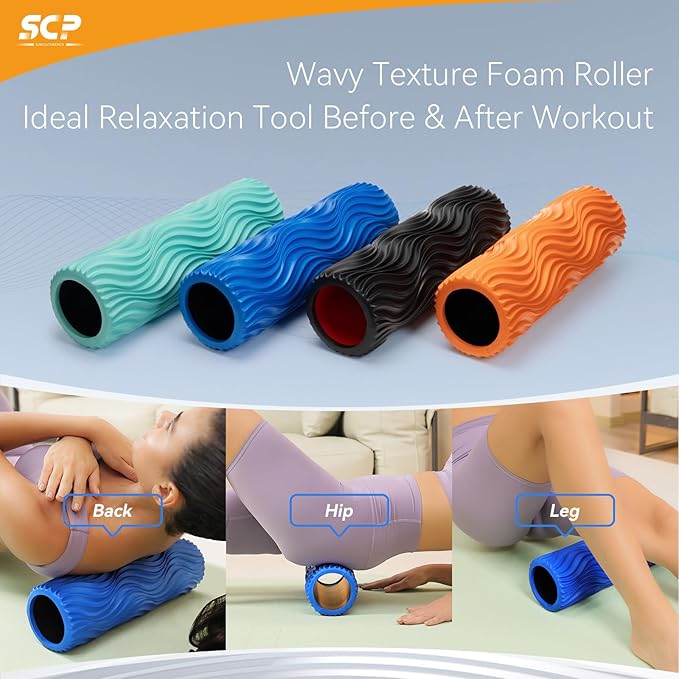 Foam Roller Medium Density Back Roller for Deep Tissue Muscle Massage of The Back and Leg Muscles - Self Myofascial Release of Painful, Wave Textured Muscle Roller, Fitness Roller for Pilates, Yoga