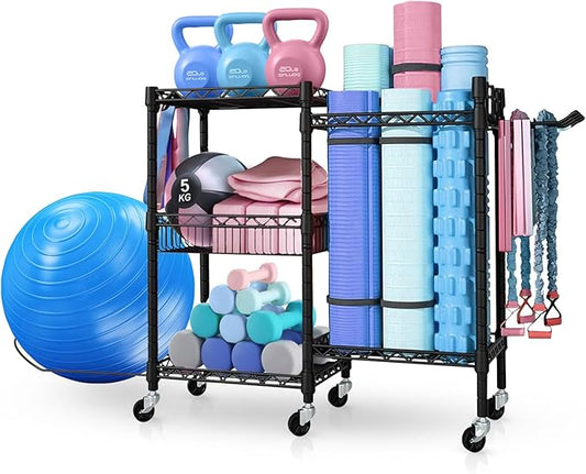 Dumbbell Rack, Home Gym Storage with Locking Wheels & 4 Hooks, 3 Tier Adjustable Workout Equipment Storage for Yoga Mat, Foam Roller, Dumbbell, Kettlebell, Fitness Ball and Resistance Band
