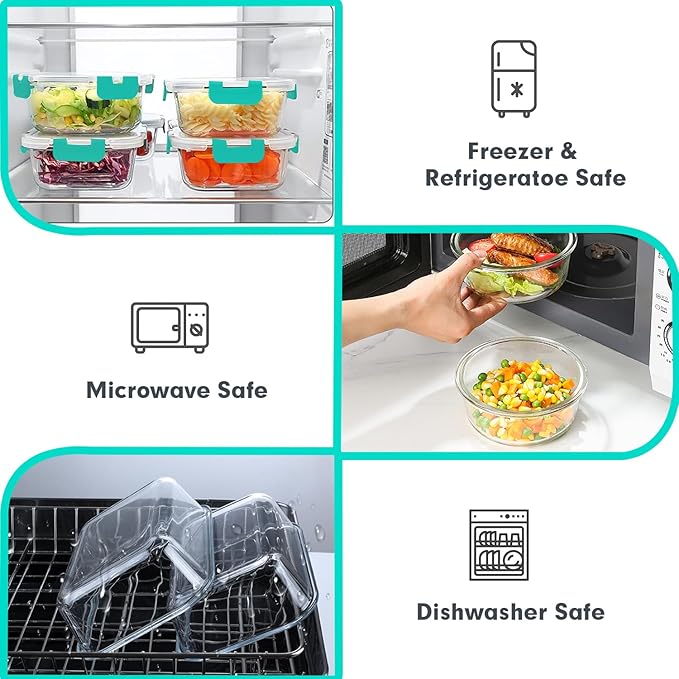 VERONES 30 Pieces Glass Meal Prep Containers Set, Stackable Glass Food Storage Containers with Lids-Airtight Glass Lunch Containers,for Microwave, Oven, Freezer & Dishwasher,Green