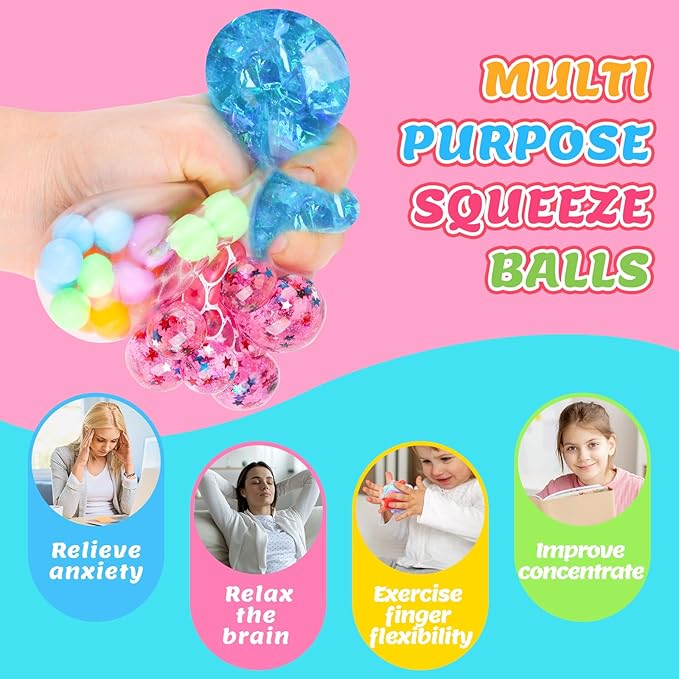 Stress Balls 4 Pack for Adults and Kids, Squeeze Toys, Sensory Toys for Kids with Autism, Squishy Fidget Toys for Stress and Anxiety Relief, Prize for Classroom