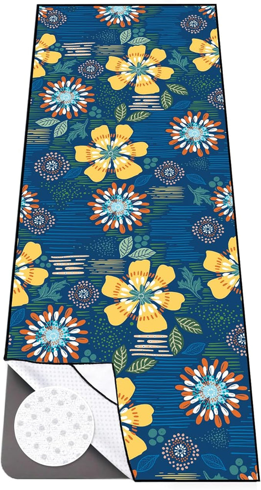 Colorful Star Yoga Towel with Corner Pockets, Non Slip Grip Dots Sweat Absorbent Hot Yoga Mat Towels, Yoga Blankets with Travel Bag, Mat Cover for Workout, Gym, Fitness - 70"x26", Blue Yellow Flowers