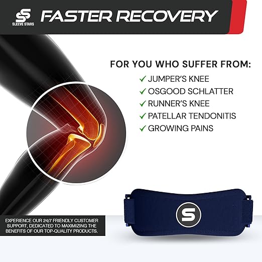 Sleeve Stars Swedish Brand Patellar Tendon Support Strap for Women & Men Effective Osgood Schlatter Knee Brace Youth & Kids Knee Brace with 3 Adjustable Length fits 7"-15" (Single/Navy Blue/Kids)