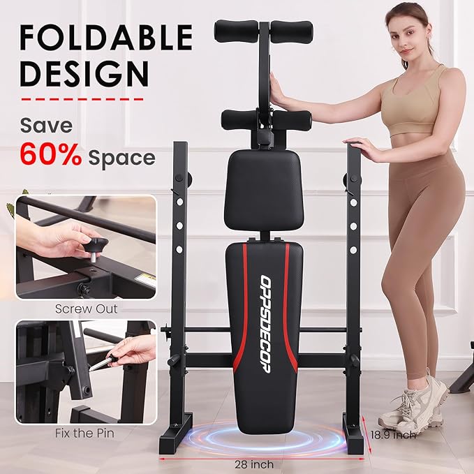 OPPSDECOR Weight Bench Set, Multi-Function Adjustable Bench Press with Squat Rack Leg Extension & Leg Curl Workout Bench Foldable Workout Bench Flat/Incline/Decline Upgrade Weight Benches for Home Gym