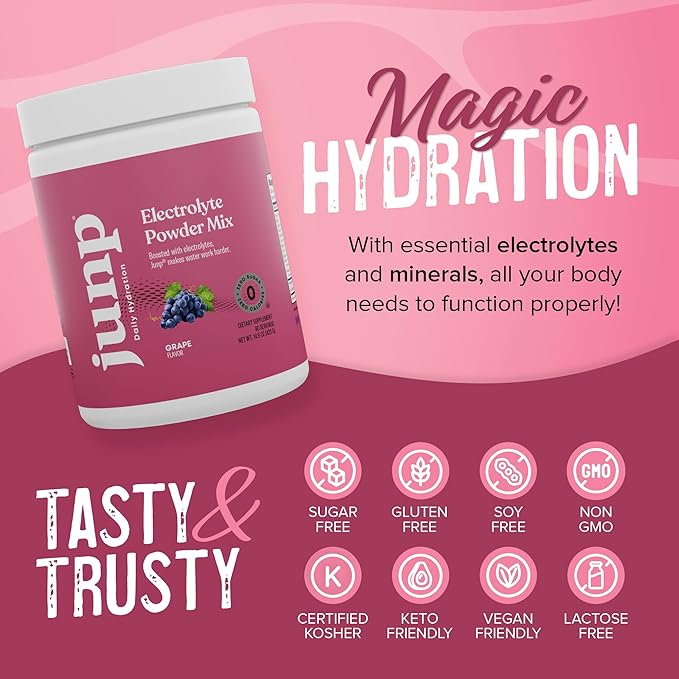 JUNP Electrolytes Powder No Sugar No Carbs – Vine Ripened Grape Infused Drink Mix - Potassium & Salt Electrolyte Hydration Powder Zero Calorie Sugar Free Electrolyte Powder,180 Servings