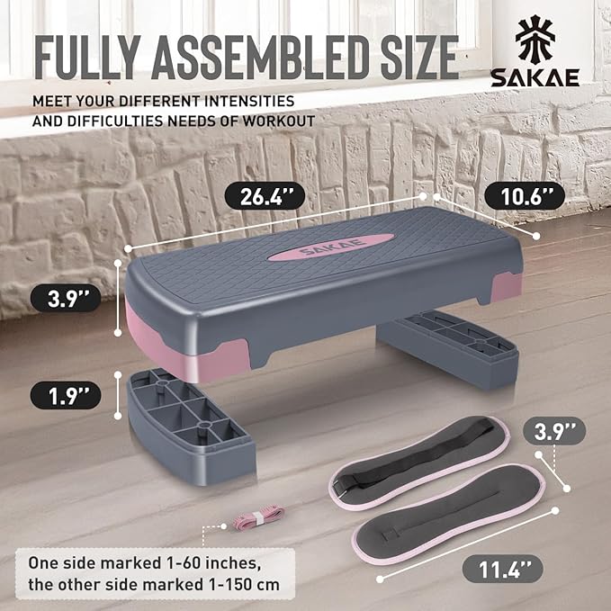 Adjustable Height Aerobic Stepper Set, Multiple Bundle Options with Dumbbells, Kettlebell, Waist Trimmer, Ankle Weights or Weighted Vest, Workout Exercise Step Platform w/Level Risers, 4 Colors