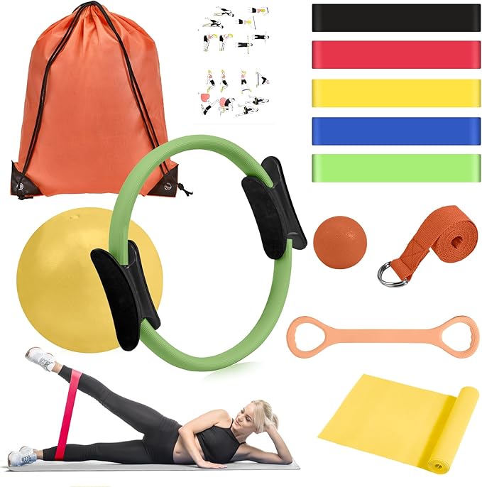 HASHMUST Pilates Ring Kit 12 PCS for Women, Home Workout Equipment with Magic Circle, Mini Exercise Ball, Resistance Bands, Massage Lacrosse, Yoga Strap, Full-Body Fitness Set for Toning & Gift