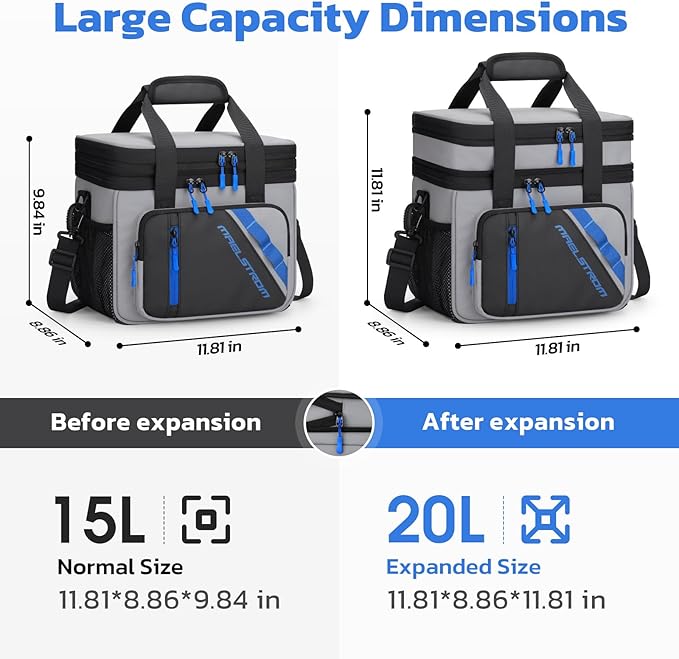 Maelstrom Lunch Box, 20L Insulated Lunch Bag for Men Women, Expandable Double Deck Leakproof Cooler Bag with 6 Pockets, Reusable Lunch Tote Bag for Work, Picnic, Travel, Grey