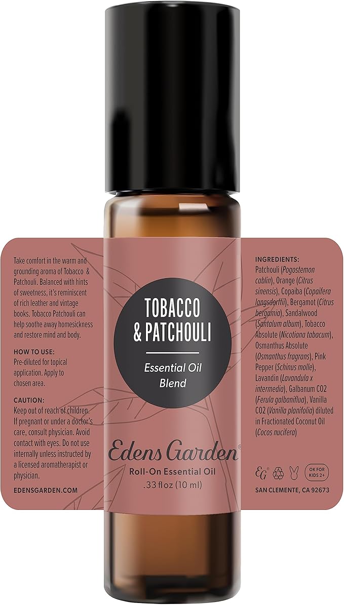 Edens Garden Tobacco Patchouli Essential Oil Roll-On Blend- 100% Pure Premium Grade, Natural, Therapeutic, Aromatherapy, Kid & Skin Safe, The Best for Gifts, Relaxation Pre-Diluted 10 ml (.33 fl oz)