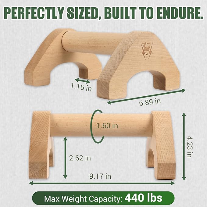 Wooden Push Up Bars, 2 PCS Solid Beech Wooden Parallettes with Embedded Non-slip Feet & Training Poster for Floor, Push Up Stands for Men Strength Training, Planks, Calisthenics & Home Gym Workout