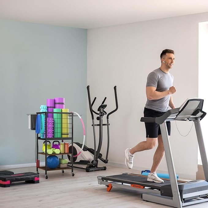 Dumbbell Rack for Home Weight Rack for Home Gym Yoga Mat Storage Rack Black Workout Equipment Storage Organizer with Hooks Yoga Mat Holder with Wheels for Yoga Block, Dumbbell, Resistance Band