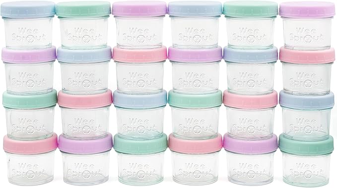 WeeSprout Baby Food Storage Glass Jars w/Lids (4 oz, 24 Pack) Pastel Variety, Snack, Reusable Small Containers, Fridge or Freezer, Microwave & Dishwasher Safe, Essentials for Infants