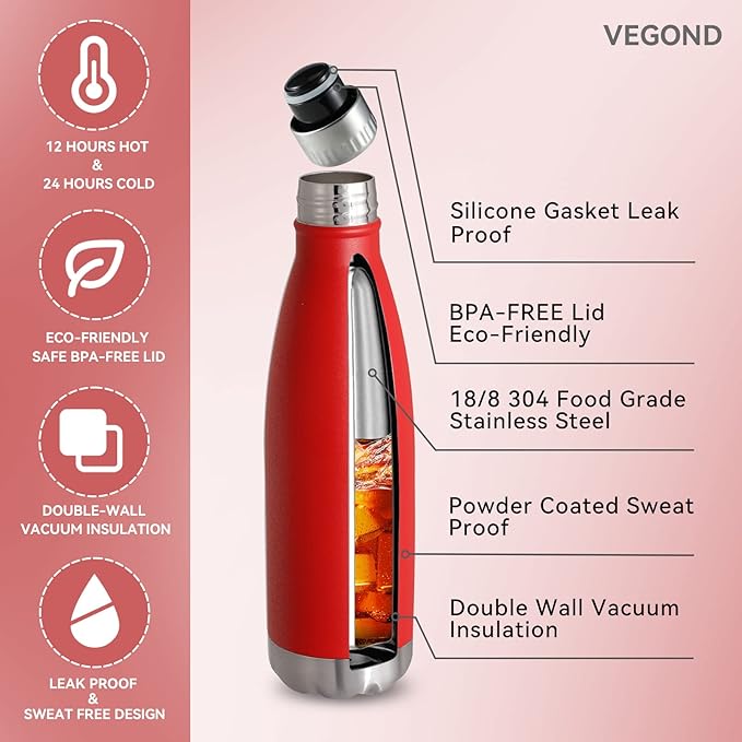 VEGOND 17oz Stainless Steel Water Bottles Bulk, Reusable Metal Sports Water Bottle Keeps Drink Hot and Cold, BPA Free Double Wall Vacuum Cola Shape Insulated Water Bottles for Camping Gym, 8 Pack