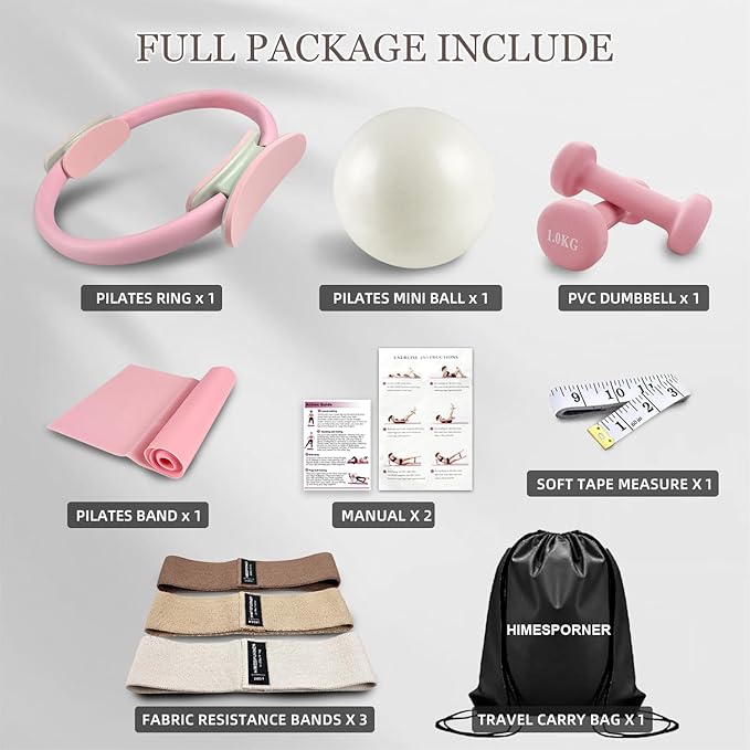 Pilates Ring Set 9 PCS, Magic Circle Yoga Ring, Pilates Ball, 2.2lb *2 Dumbbells, Resistance Bands, Tape Measure, Pilates Weight Kit Equipment Accessories for Home Workouts Fitness Yoga