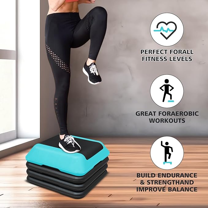 16"x16" Exercise Aerobic Step Platform with 4 Risers, Adjustable Height 4"-6"-8"-10"-12" Workout Stepper for Home Gym Fitness Strength & Training