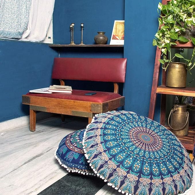 Eyes of India - Mandala Floor Pillow Cover Meditation Cushion Seating Throw Hippie Round Colorful Decorative Bohemian Indian Pouf Ottoman Handmade Cover ONLY (A1 Dark Blue-1, 32" x 32")