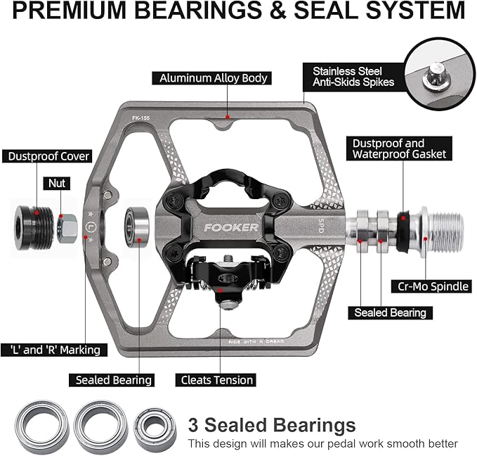 FOOKER MTB Mountain Bike Pedals, Dual Function Flat and Pedal,3 Sealed Bearing Flat Platform Compatible with Clipless Pedal Aluminum 9/16" Pedals with Cleats for Road Mountain BMX MTB