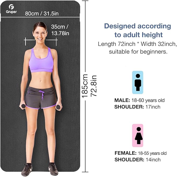 Yoga Mat Non Slip NBR Thick Yoga Mat, 72"L x 32"/24"W x 0.6"/0.4"TH (185cm x 80cm/61cm x 15mm/10mm), Anti-Tear Exercise Mat with Carrying Strap and Bag, Workout Mats for Yoga, Pilates, Floor Exercises