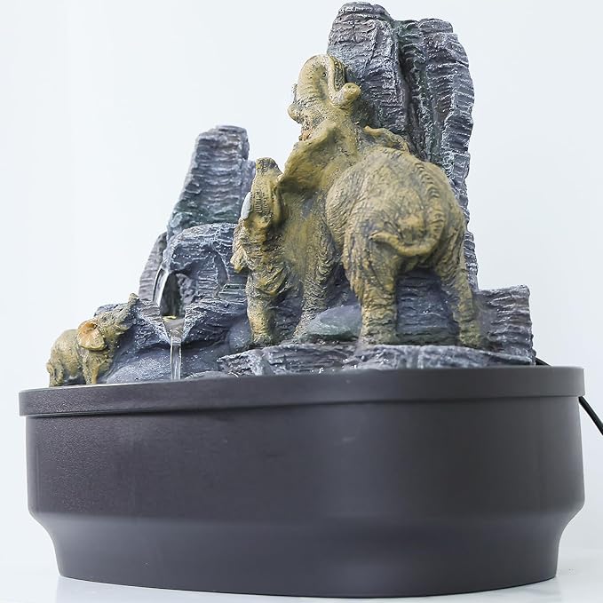 Elephant Tabletop Fountain with Cascading Rocks & LED Lights, Zen Indoor Water Feature for Living Room/Office/Bedroom, Multi-Room Home Decor and Elephant Lover Gift (10.8" H)