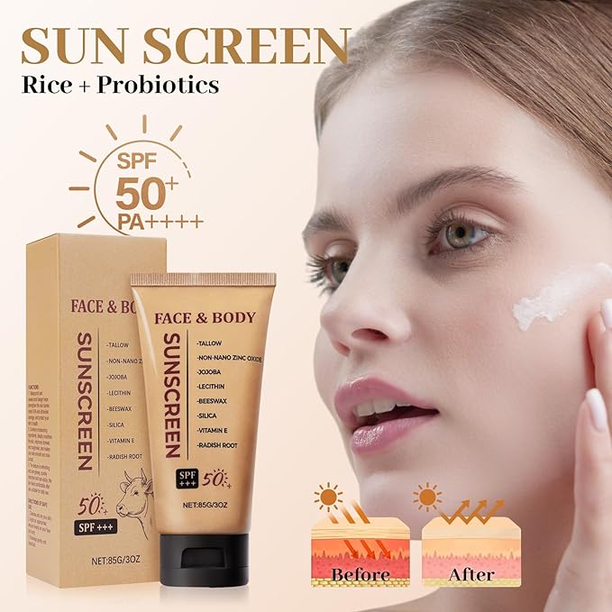 Tallow Sunscreen Grass-Fed Beef Tallow Sunscreen with Non Nano Zinc Oxide SPF50 Mineral Natural Sunblock for Face and Body Non-Greasy, 3 OZ